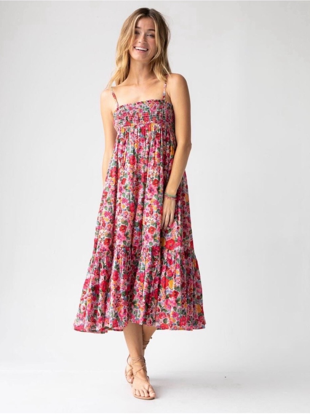 NATURAL LIFE Pink Floral Smocked Midi Dress